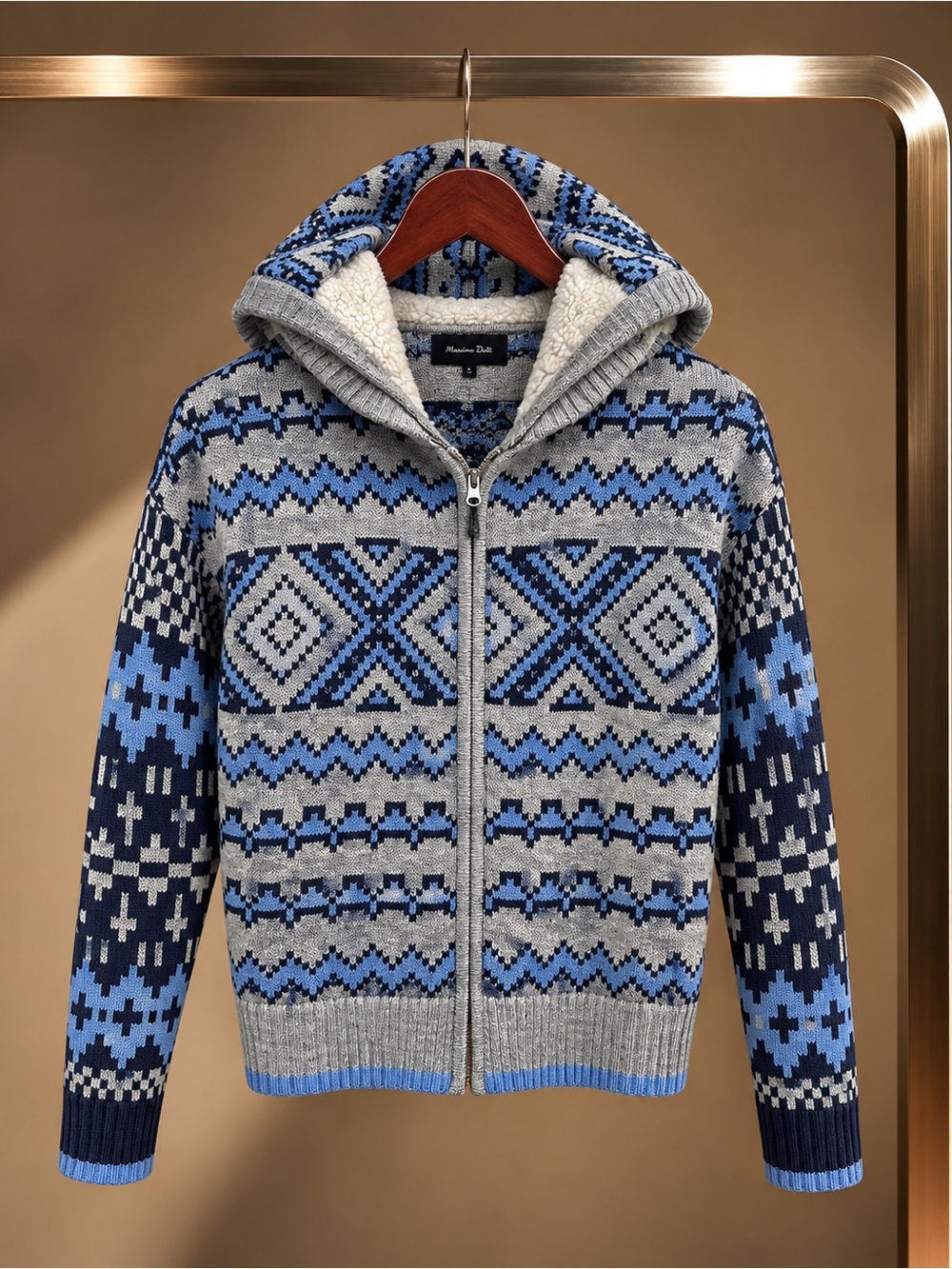 Central Park West Fair Isle Zip Cardigan Sherpa Lined Hood Navy Blue Knit XS